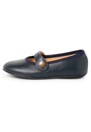 Navy blue leather ballet flat with rounded toe, elasticated edge, and decorative button strap. Smooth texture and minimal design.