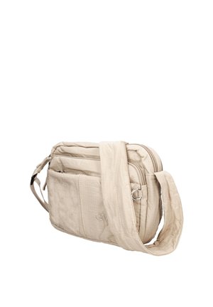 Beige Stoff-Umhängetasche mit mehreren Reißverschlussfächern und einem breiten, verstellbaren Schultergurt.