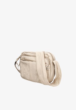 Beige Stoff-Umhängetasche mit mehreren Reißverschlussfächern und einem breiten, verstellbaren Schultergurt.
