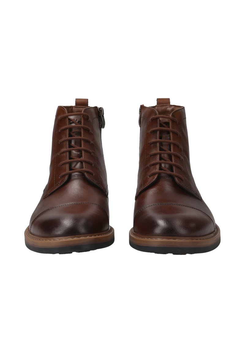 Braune Lederstiefeletten mit runder Zehenform, symmetrischem Schnürdesign, seitlichem Reißverschluss und einer kontrastierenden Gummisohle.