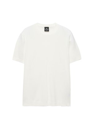 Schlichtes weißes T-Shirt aus Baumwolle mit kurzen Ärmeln, rundem Ausschnitt und schwarzem Markenetikett innen im Kragen.