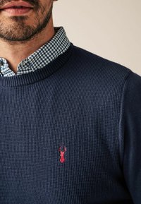 Maglione a coste blu navy con logo di un'aragosta rossa, indossato sopra una camicia a righe verdi e bianche con colletto. Focus sulla texture e sul contrasto di colori.