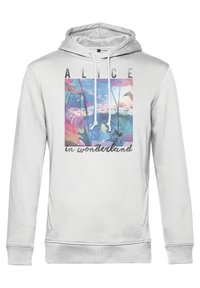 Sudadera blanca con un gráfico colorido de un paisaje con flores y mariposas, con el texto "ALICE in wonderland" encima de la imagen.