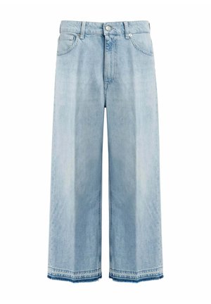 Jeans cropped in denim azzurro chiaro a gamba larga con chiusura con bottone, tasche anteriori, passanti per cintura e dettaglio orlo grezzo.