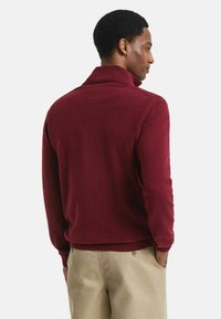 Bordeauxfarbener Pullover mit hohem Kragen, weichem Material, taillierter Passform und geripptem Saum, kombiniert mit hellbeigen Hosen. Rückansicht gezeigt.