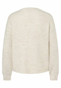 Beige gestrickter Pullover mit einem gerippten Struktur, Rundhalsausschnitt, überschnittenen Schultern und langen Ärmeln, der einen lockeren Sitz bietet und keine sichtbaren Verschlüsse hat.