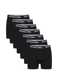 Boxeri negri cu un elastic alb pe care este imprimat "PETROL IND." Material neted cu un design ajustat, expuși într-o linie.