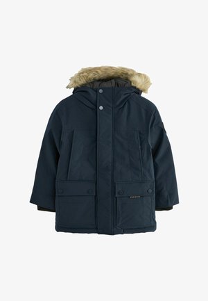 Tumesinine parka kunstkarvane kapuutsiga, kaks suurt esikot, nööbiklipp ja tekstuuriga kangas isolatsiooniks.