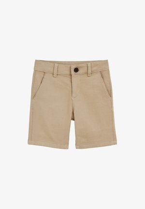 Pantaloni scurți bej din bumbac, cu buzunare frontale, șlițuri pentru curea și închidere cu nasture închis la talie.