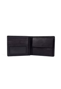 Cartera de cuero negro, diseño bifold, que cuenta con seis ranuras para tarjetas, una sección transparente para identificación y un bolsillo más grande para billetes o documentos.