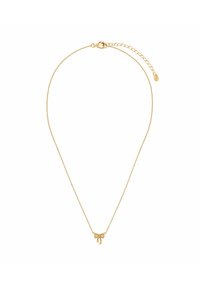 Naszyjnik w odcieniu złota z delikatnym łańcuszkiem i zawieszką w kształcie kokardy. Zawieszka zawiera dwa zwisające elementy oraz teksturowane wykończenie.