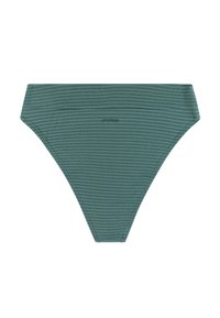 Grüner Bikini-Slip mit dünnen horizontalen Streifen und einem kleinen, mittig platzierten Logo auf weißem Hintergrund.