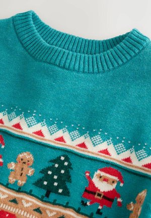 Tyrkysový pletený svetr s žebrovaným límcem, zdobený slavnostními vzory Santy, perníkových mužíků a vánočních stromečků v kontrastních barvách.