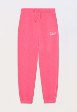 Roze sweatpants van een zachte stof, voorzien van een elastische tailleband met trekkoord en geribbelde boorden. "GAP" logo in het wit op de heup.