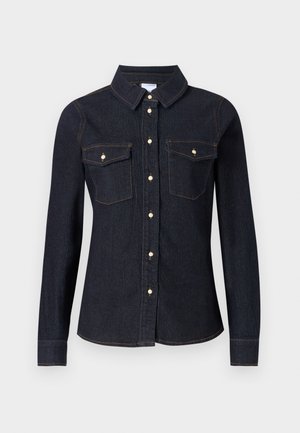 Dark denim long-sleeve shirt with a collar, two chest pockets, and button closure, featuring contrasting stitching and standard fit.