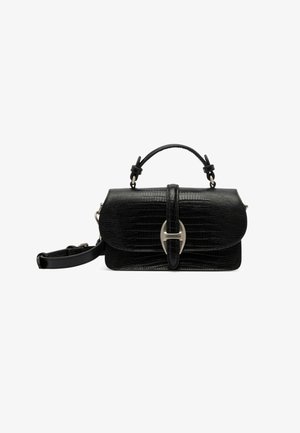 Black textured leather handbag with top handle, adjustable shoulder strap, and silver buckle closure on the front flap.