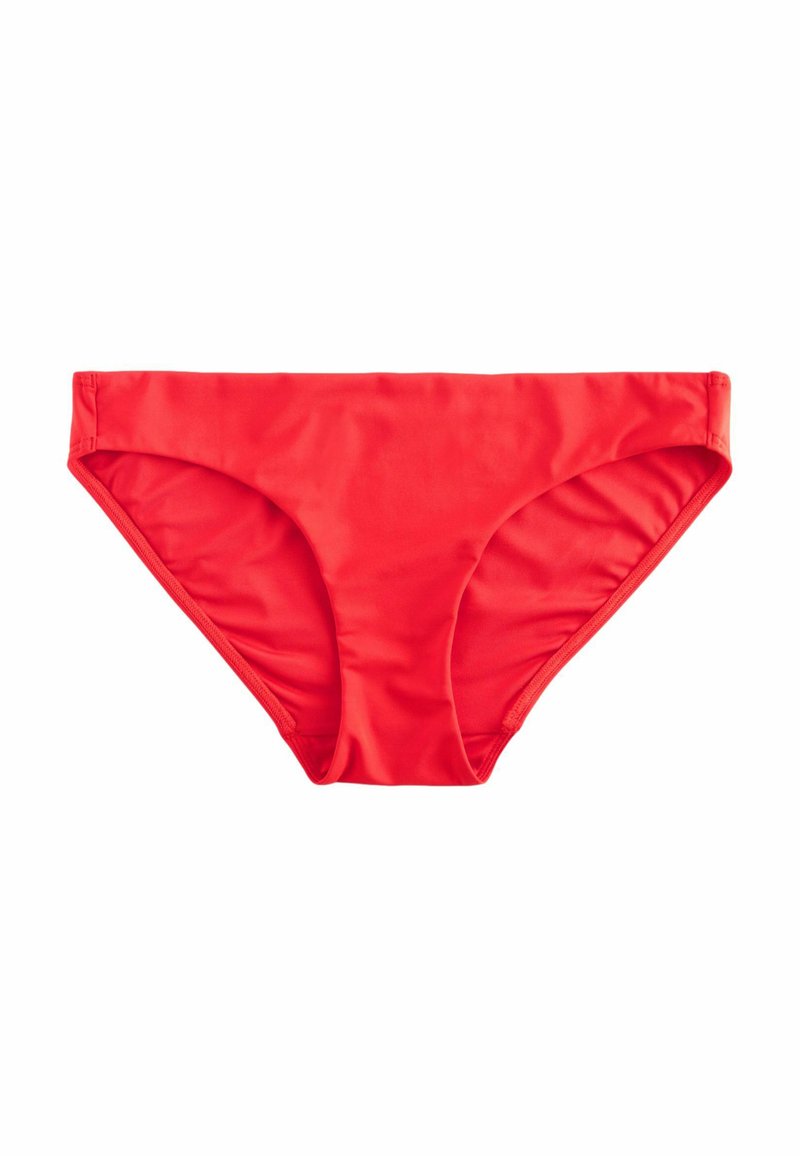 Röda bikiniunderdelar gjorda av ett mjukt, elastiskt material. Har en låg midja med medelstor täckning och enkla, rena linjer.