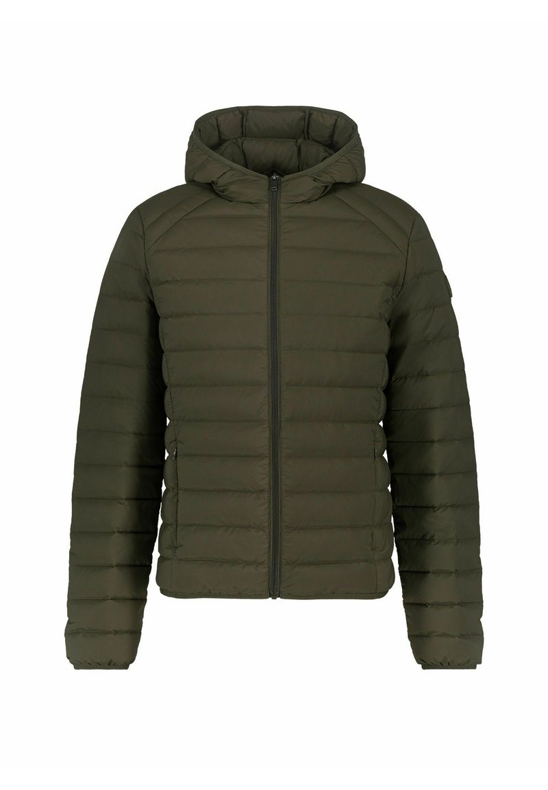 Veste rembourrée vert olive avec capuche, dotée d'un design matelassé horizontal, d'une fermeture éclair à l'avant et de poignets élastiques pour un ajustement confortable.