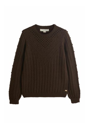 Dunkelbrauner, gestrickter Pullover mit strukturierten vertikalen Streifen, erhabenen Noppen-Details und einem gemusterten Passe vorne und an den Ärmeln.