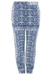 Pantalons à motifs bleus avec une taille élastique, ornés de motifs floraux complexes dans des nuances variées de bleu et de blanc.