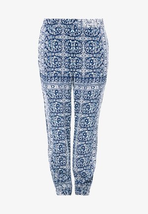 Pantalons à motifs bleus avec une taille élastique, ornés de motifs floraux complexes dans des nuances variées de bleu et de blanc.