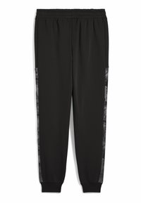 Pantaloni de trening negri cu un brâu elastic, buzunare laterale și un model contrastant de tip piele de șarpe de-a lungul cusăturilor exterioare.