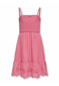 Růžové šaty s nabíraným živůtkem a tenkými ramínky, které mají rozšířenou sukně až ke kolenům zdobenou laserovým výřezem s květinovým lemem.