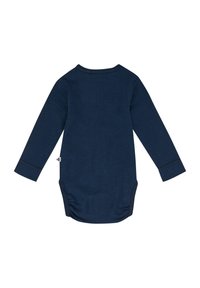 Långärmad baby bodysuit i mörk marinblå, tillverkad av mjuk bomull. Har en rundad halsringning och tryckknappar i botten för enkel påklädning.