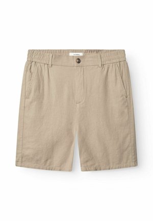 Beige casual shorts met een elastische tailleband, knoopsluiting, riemlussen en zijzakken, geschikt voor warm weer.
