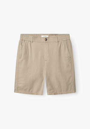 Beżowe, casualowe szorty z elastycznym pasem, zapięciem na guzik, szlufkami na pasek oraz bocznymi kieszeniami, odpowiednie na ciepłą pogodę.