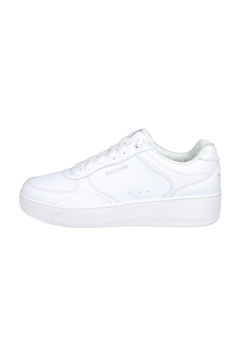 Zapatilla baja blanca de Skechers con cierre de cordones, suela texturizada y cuello acolchado, mostrada en perfil lateral.