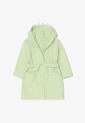 Hellgrüner Bademantel mit strukturierter Webung, Kapuze mit weißen Spitzen, Bindegürtel und zwei vorderen Taschen.