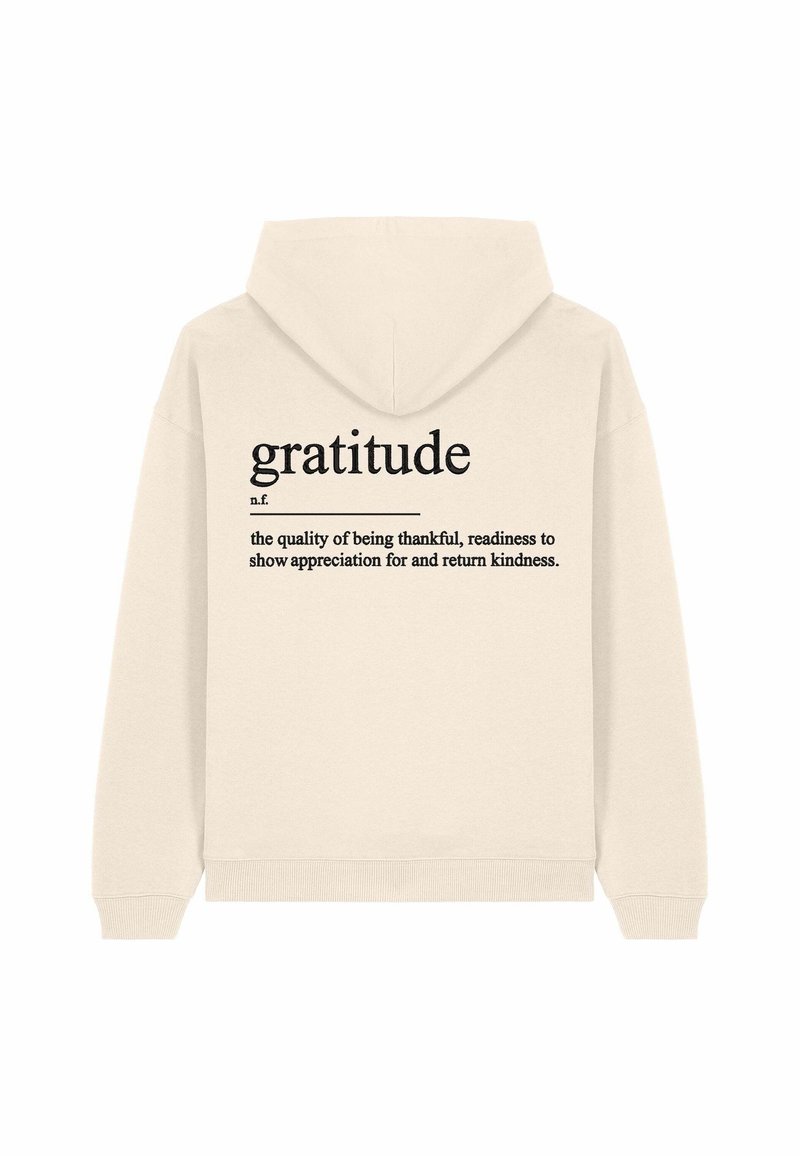 Cream hoodie with a drawstring hood. Back features "gratitude" in large black font, with a definition in smaller print below.
