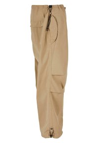 Khaki cargo bukser med elastisk talje, snoretræk, sidelommer og elastiske manchetter ved anklerne. Letvægtsstof, glat tekstur.