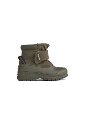 Botte d'hiver vert olive avec semelle en caoutchouc robuste, bride Velcro réglable et maintien rembourré de la cheville, conçue pour des conditions froides et humides.
