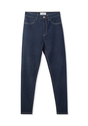 Jeans skinny in denim blu scuro con vita alta, cinque tasche e cuciture a contrasto color tan. Presentano una chiusura frontale con bottone e zip.