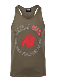 Olijfgroene tanktop van katoen met een gorilla-afbeelding in het rood. De tekst luidt: "GORILLA WEAR VOOR DE GEMOTIVEERDEN SINDS 1982."