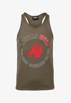 Olijfgroene tanktop van katoen met een gorilla-afbeelding in het rood. De tekst luidt: "GORILLA WEAR VOOR DE GEMOTIVEERDEN SINDS 1982."