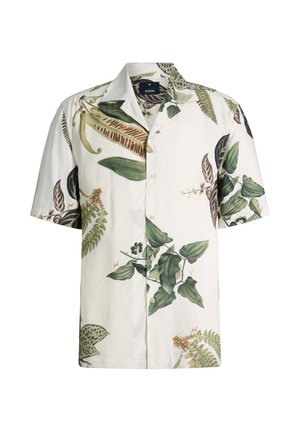 Weißes, kurzärmeliges Hemd mit Knopfleiste, grün-braunen tropischen Blatt- und Pflanzenmustern, italienischem Kragen und Joop-Brandlabel im Inneren des Kragens.