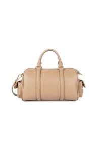 Borsa in pelle beige con texture liscia, struttura arrotondata, doppie maniglie, tracolla staccabile e dettagli in metallo dorato sulla cerniera e sui fissaggi.