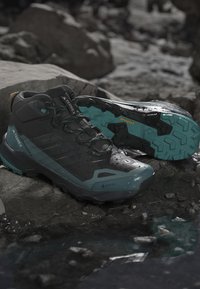 Terrex udendørs sko med et sort og teal design, der har en tekstureret overdel, Gore-Tex materiale og en robust, mønstret gummisål.