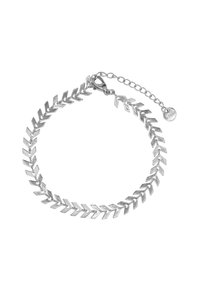 Bracciale d'argento con motivo a chevron, caratterizzato da forme geometriche collegate. Chiusura e catena regolabile per variazione delle dimensioni. Texture liscia.