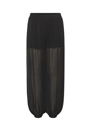 Zwarte doorschijnende wijduitlopende broek met elastische tailleband en geplooide elastische boorden bij de enkels.
