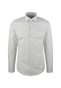 Camicia a maniche lunghe bianca con un motivo geometrico nero, colletto con bottoni e taschino sul petto. Tessuto in cotone con una texture liscia.