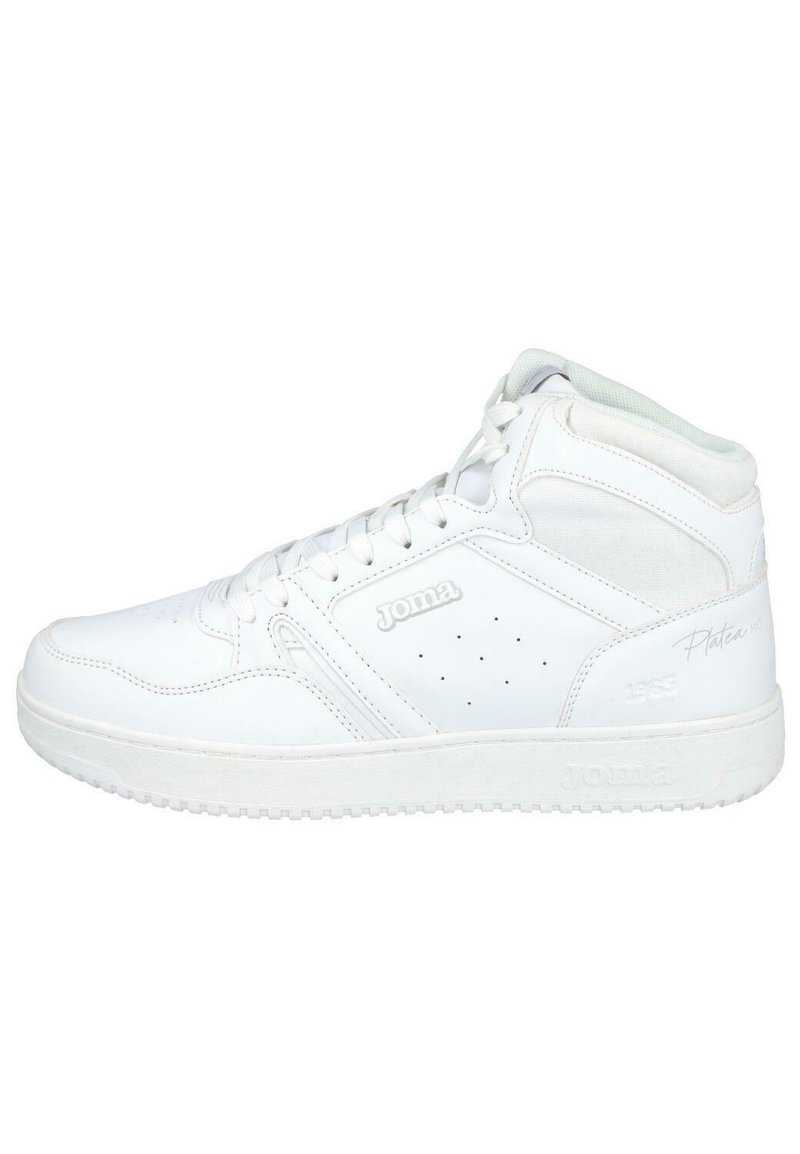 Zapatilla alta blanca hecha de cuero liso con lados perforados, cordones planos y acentos de logo en el lado y en el talón.