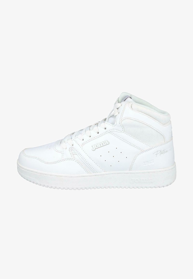 Zapatilla alta blanca hecha de cuero liso con lados perforados, cordones planos y acentos de logo en el lado y en el talón.