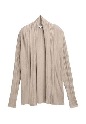 Cardigan beige a coste con apertura frontale e maniche lunghe, realizzato in un materiale morbido, caratterizzato da una texture a coste verticali.