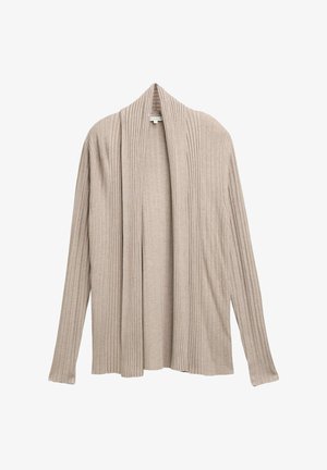Cardigan beige a coste con apertura frontale e maniche lunghe, realizzato in un materiale morbido, caratterizzato da una texture a coste verticali.