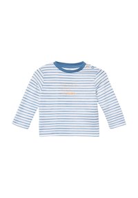 Wit shirt met lange mouwen en blauwe horizontale strepen, voorzien van oranje tekst "VACAY Vibes" en een contrasterende blauwe ronde hals.