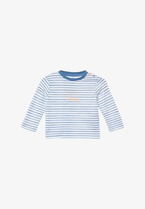 Langarmshirt in Weiß mit blauen horizontalen Streifen, mit orangefarbigem Text "VACAY Vibes" und einem kontrastierenden blauen Rundhalsausschnitt.